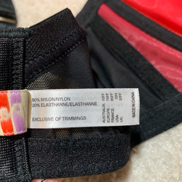 Parfait Red Black Lace Trim Bra Women Underwire Bra 32H - Picture 3 of 10